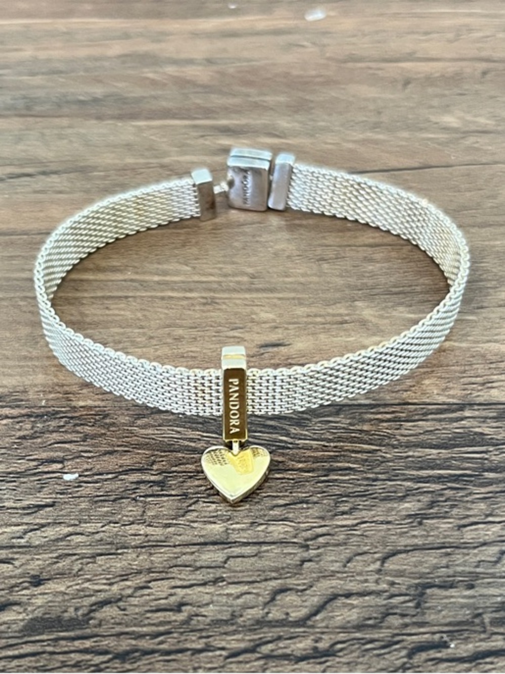 Pandora Silver Mesh Bracelet with Gold Heart Charm
